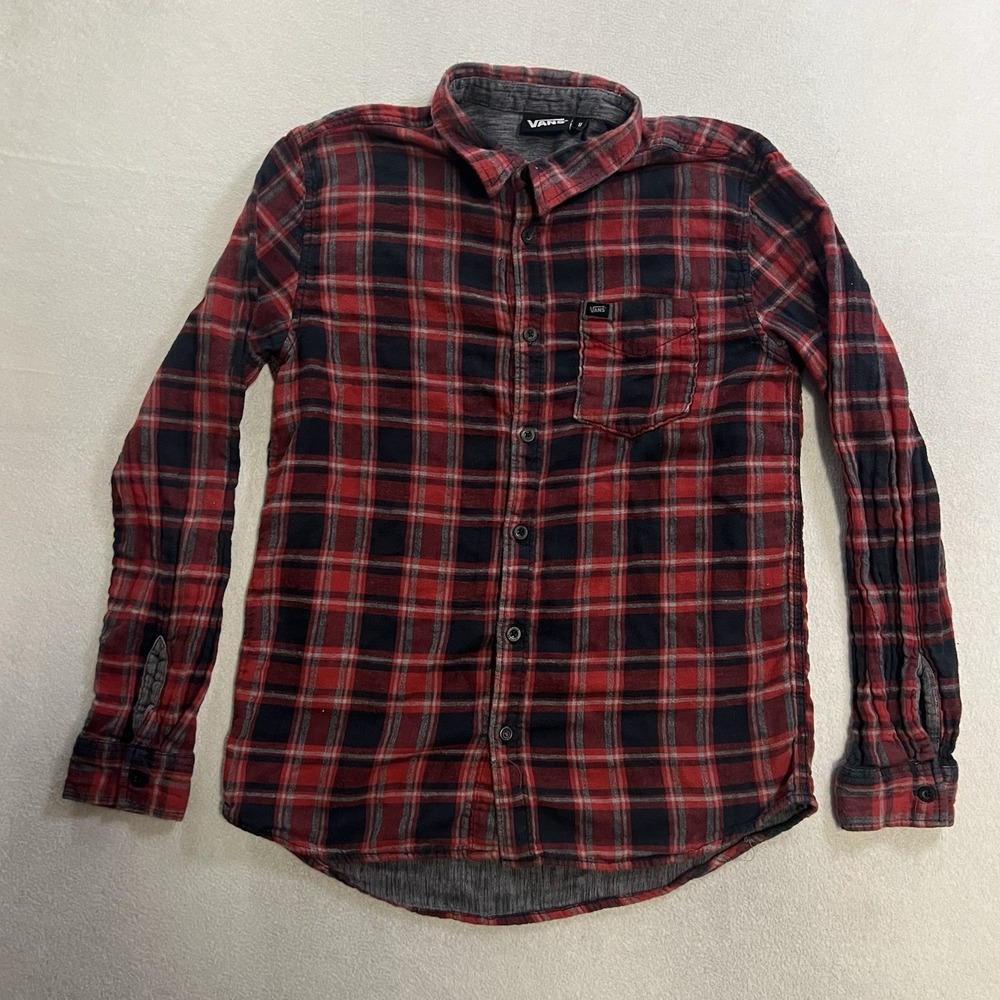 Vans Flannel Shirt Men's Medium Red Black Plaid Button Up Long Sleeve Skater